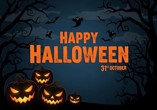 Happy halloween greeting with carved pumpkins, ghosts, and bats flying in a dark, eerie forest on october 31st
