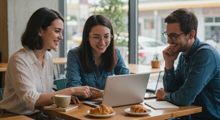 Diverse team of young professionals smiling while working on a laptop during a creative meeting in a bright cafe.