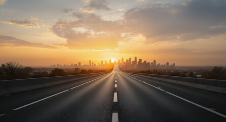 Fototapeta premium Sunrise over a highway leading to a city skyline.