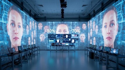 A control room features face recognition displays a series of screens and computers and the words 22 and 78 - Powered by Adobe