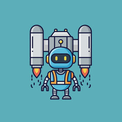 Obraz premium Cartoon robot with jetpack flies against a blue background.