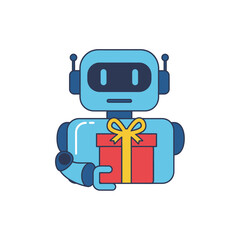 A blue robot holds a red gift box tied with a yellow ribbon.