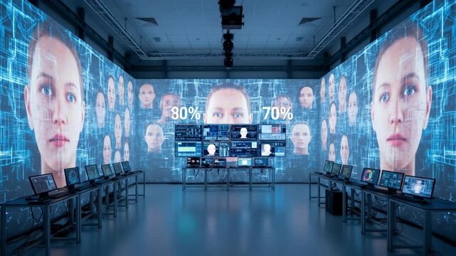 A control room features face recognition displays a series of screens and computers and the words 22 and 78
