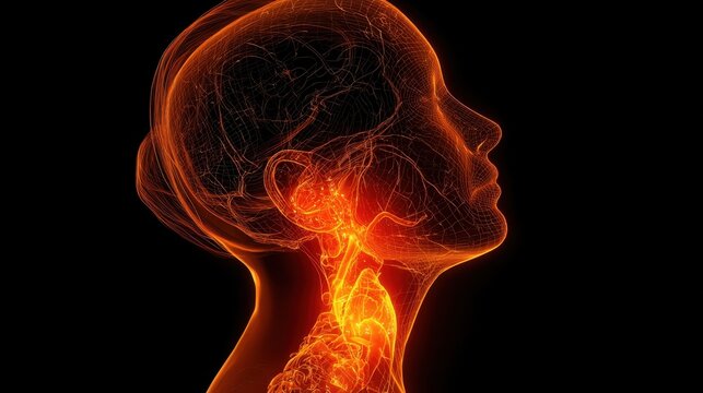 Dynamic overlay of parotid gland anatomy on human profile glowing orange area indicating painful viral parotitis infection.