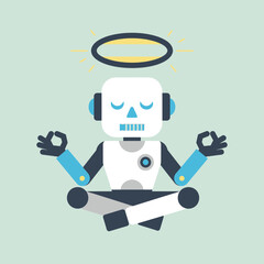 Robot meditating in lotus position with halo on light green background.