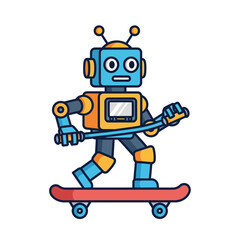 Cartoon robot on skateboard with blue head and orange body on white.