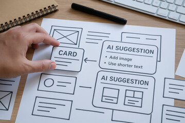 Ai software developer collaboration concept with hand arranging paper card for user interface design and planning on wooden desk