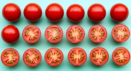 Fresh ripe cherry tomatoes arranged in neat rows, whole and halved, on a clean teal background.