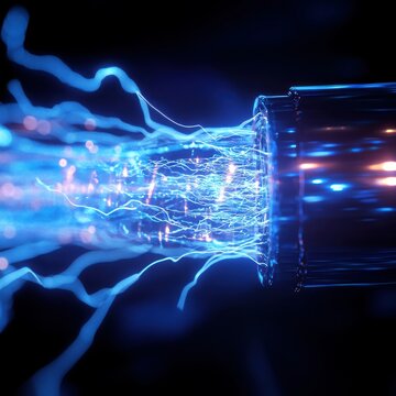 A close up view of a cable with bright blue electrical discharges on a dark black background