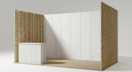 Modern minimalist trade show booth design with bamboo and white panels.