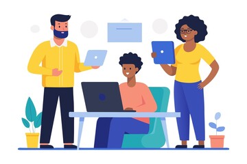 Diverse Team Collaborating on Projects in a Modern Office Environment with Laptops and Tablets