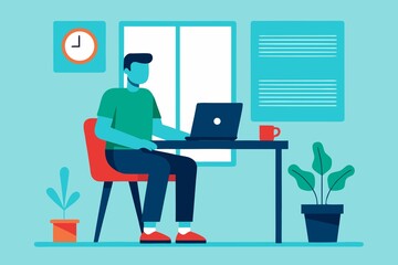 Man Working From Home on Laptop in a Brightly Lit Office Space Illustration
