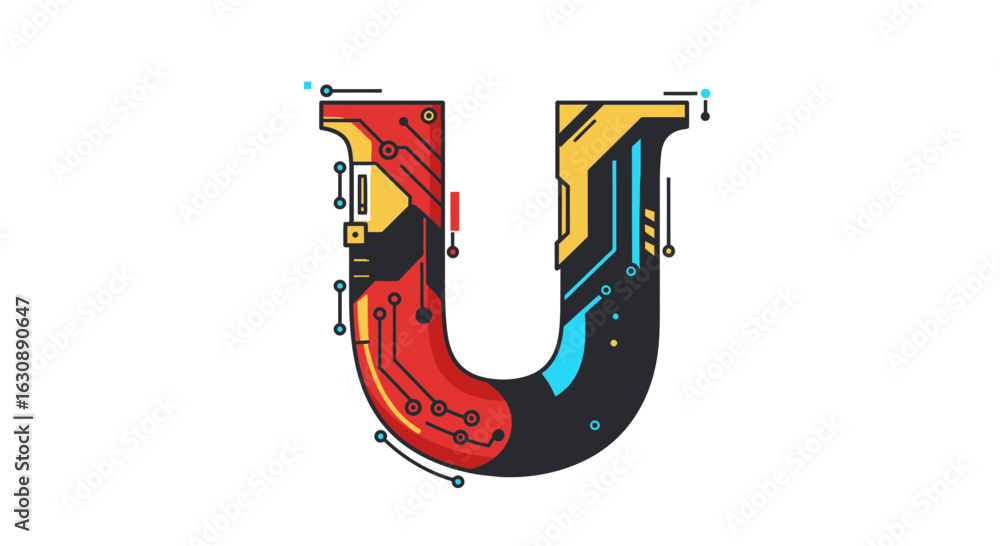 Poster letters of the alphabet letter u tech circuit board futuristic design digital alphabet typography en