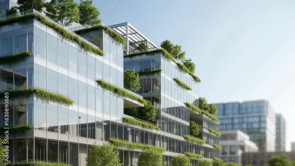 Poster innovative mixeduse building combining sleek glass surfaces with abundant greenery and open space.