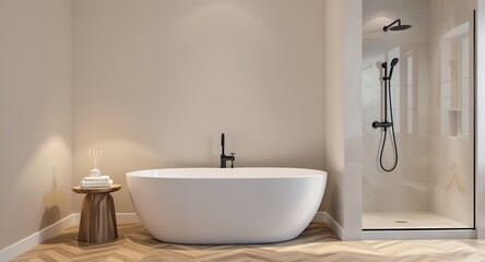 Fototapeta premium Modern Bathroom Interior with Freestanding Tub and Shower
