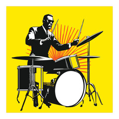 Fototapeta premium Vintage Drummer Graphic with Dynamic Background and Bold Colors