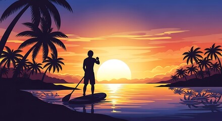 Silhouette of person paddleboarding on calm water at tropical sunset with palm trees