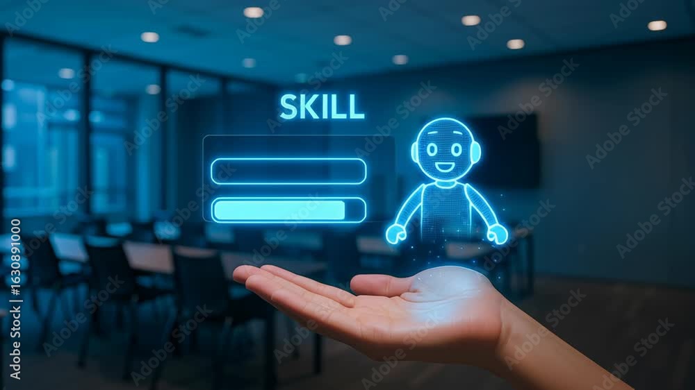 Aufkleber hand holding hologram of ai software developer with collaboration skill progress enhancing technolog