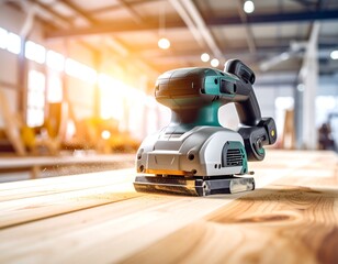 Electric sander on wood planks in a workshop