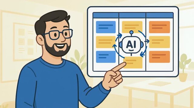 AI software developer collaboration on project board in modern office for effective teamwork and innovation with man organizing tasks and ideas