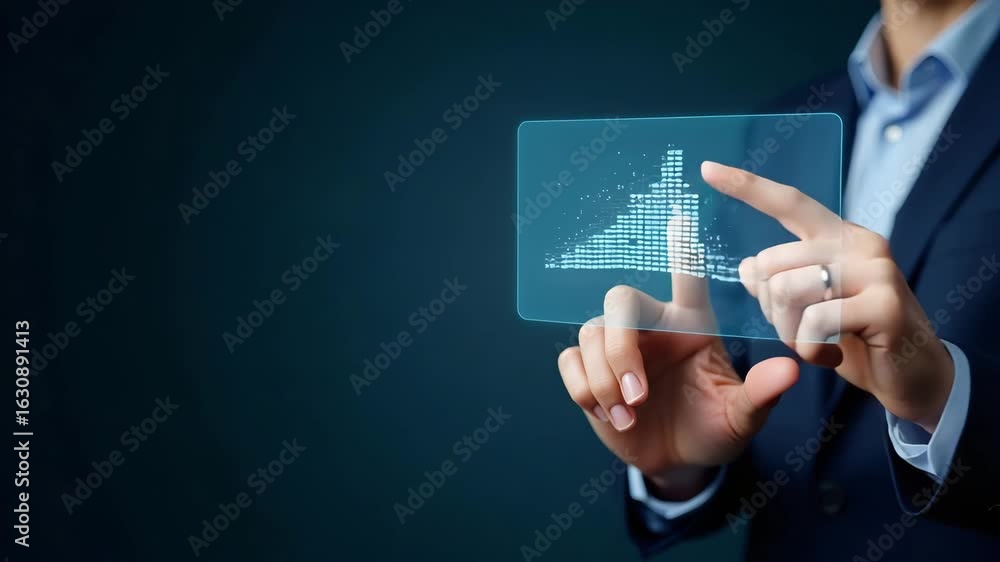 Poster a hand using a holographic device to enhance digital literacy in business training, showcasing corpo