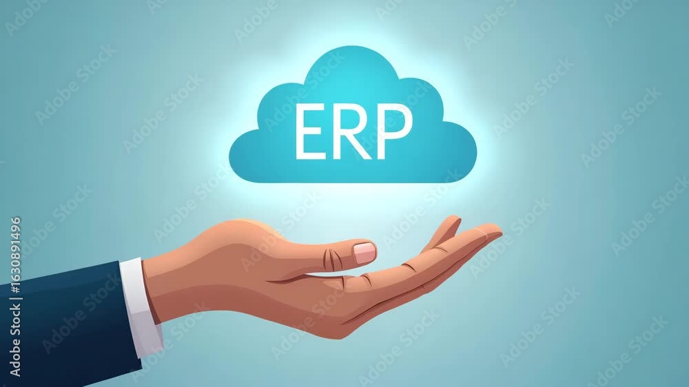 Poster flat hand holding holographic erp integration cloud icon: a minimalist vector illustration showcasin