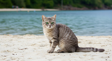 A tabby cat with striking green eyes sits calmly on a pristine sandy beach with the ocean in the background.