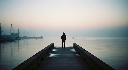 Silhouette of person standing on pier overlooking calm sea at dawn