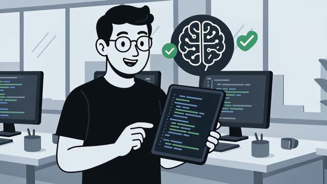AI software developer collaboration coding on tablet in modern office technology environment with brain icon and check marks enhancing productivity