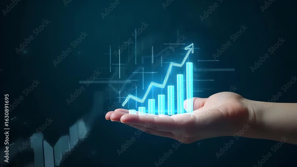Poster flat hand manipulating holographic financial metrics tools for analyzing profit and loss performance