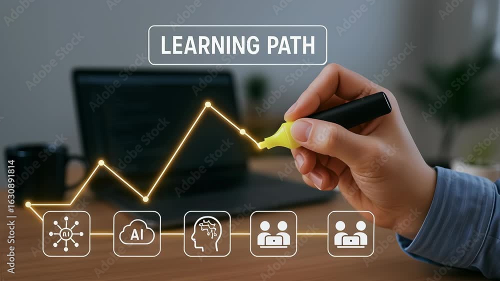 Aufkleber learning path for ai software developer collaboration technology and education with hand drawn growt