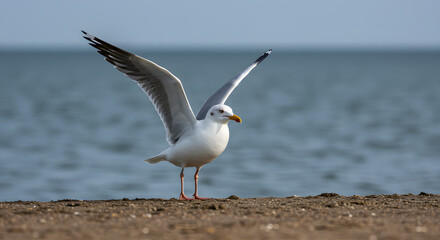 A white and grey seagull stands on a sandy beach with its wings slightly spread, facing the calm ocean.