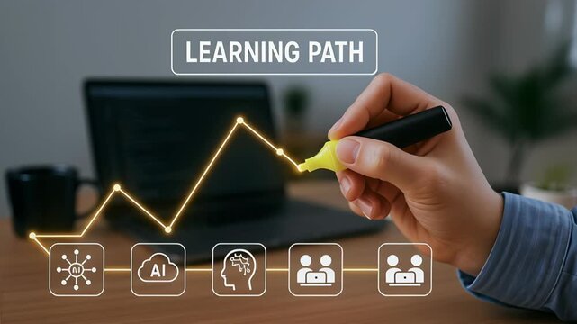 Learning path for AI software developer collaboration technology and education with hand drawn growth chart and icons on blurred laptop background