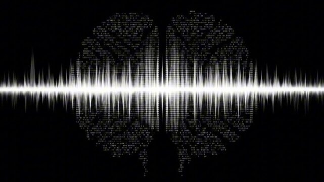 A digital brain image with white waves across it