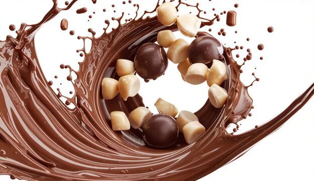 Circular chocolate milk splashing swirl with macadamia nuts, isolate on white background