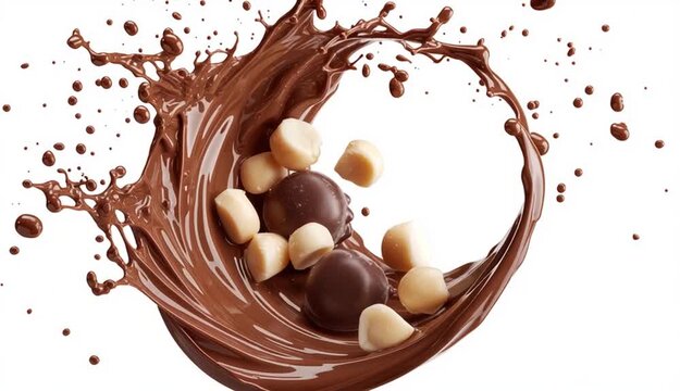Circular chocolate milk splashing swirl with macadamia nuts, isolate on white background