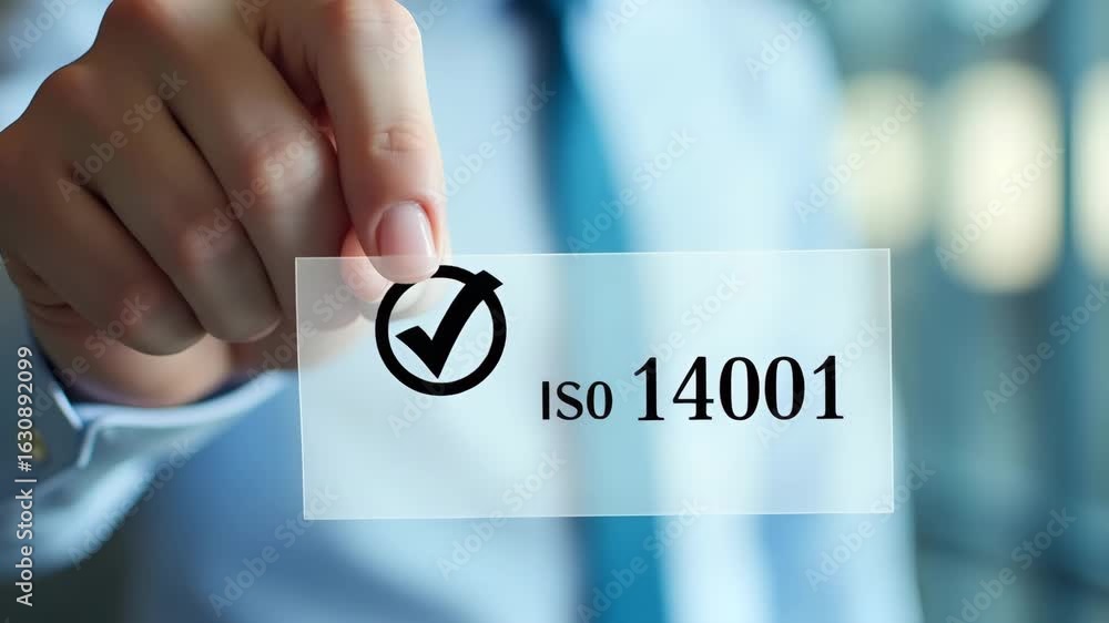 Poster hand placing checkmark on iso 14001 label: symbolizing quality control and certification for environ