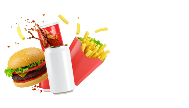 New Menu Announcement Banner Concept with Fast Food Items in mid-air on White Background