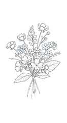 Black and White Line Drawing of Floral Bouquet with Blue Accents