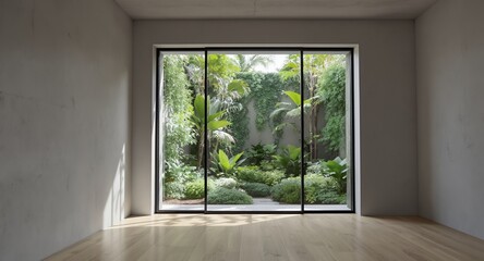 Obraz premium Interior View of Lush Garden Through Sliding Glass Doors in Modern Home