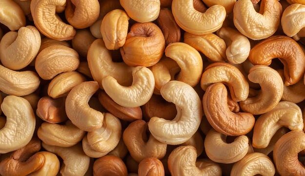 Many tasty cashew nuts as background, top view