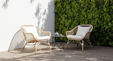 Outdoor Wicker Chairs and a Small Table on a Wooden Deck