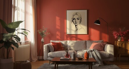 Cozy Living Room Interior with Artwork, Sofa, and Warm Color Palette