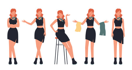 Obraz premium Set of young woman in trendy outfits showing different poses and gestures perfect for fashion, lifestyle, or presentation concepts isolated on white background vector illustration
