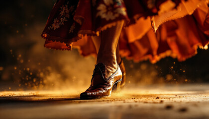 A dancer's foot in a brown boot, performing on a stage.