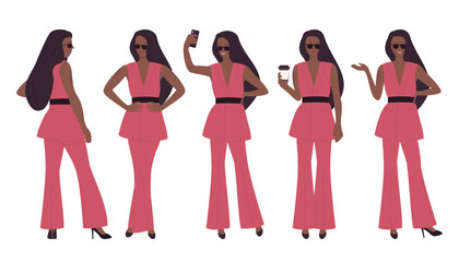 Confident woman in pink suit posing isolated vector illustration