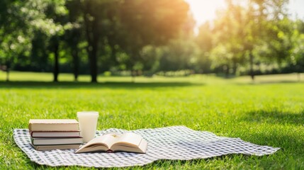 Fototapeta premium Peaceful park setting with picnic blanket gardening books and lush green grass under the warm golden sunlight A tranquil natural scene inviting relaxation contemplation