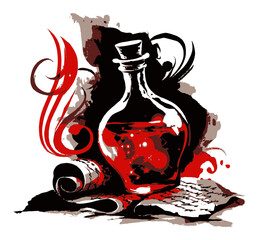 Colorful Abstract Art of Potion Bottle with Quill and Papers on Surface