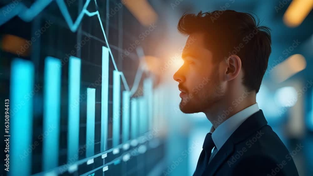 Poster flat double exposure illustration of businessman with financial data charts: visualizing business an