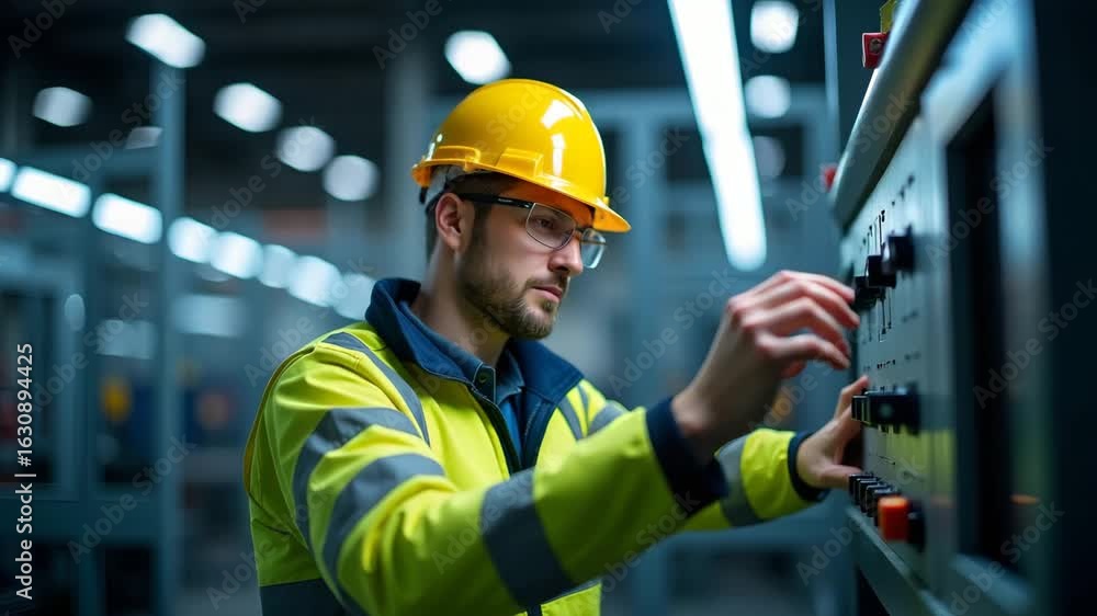 Poster flat vector illustration of technician in safety gear adjusting machinery controls with precision in